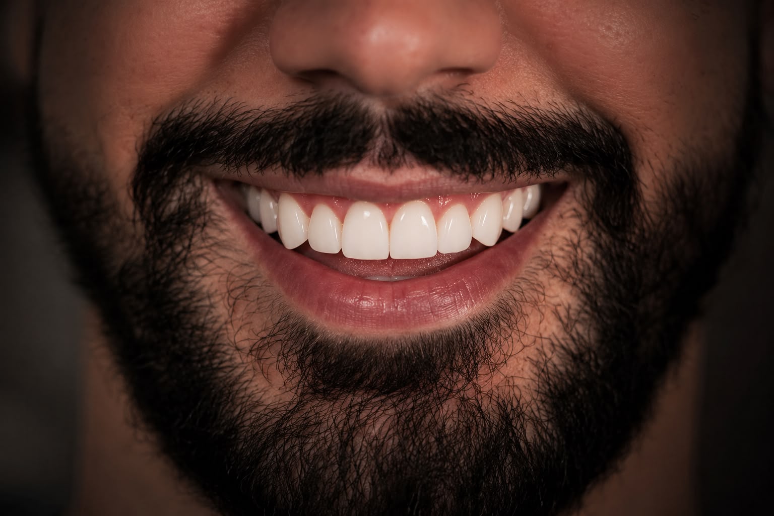 Close de sorriso masculino natural, dentes alinhados e brancos